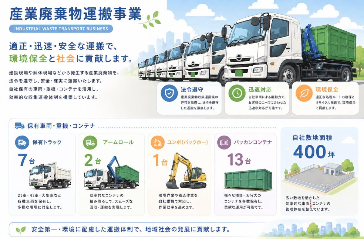 産業廃棄物運搬事業 ― 許可番号02600237146・トラック7台・400坪敷地